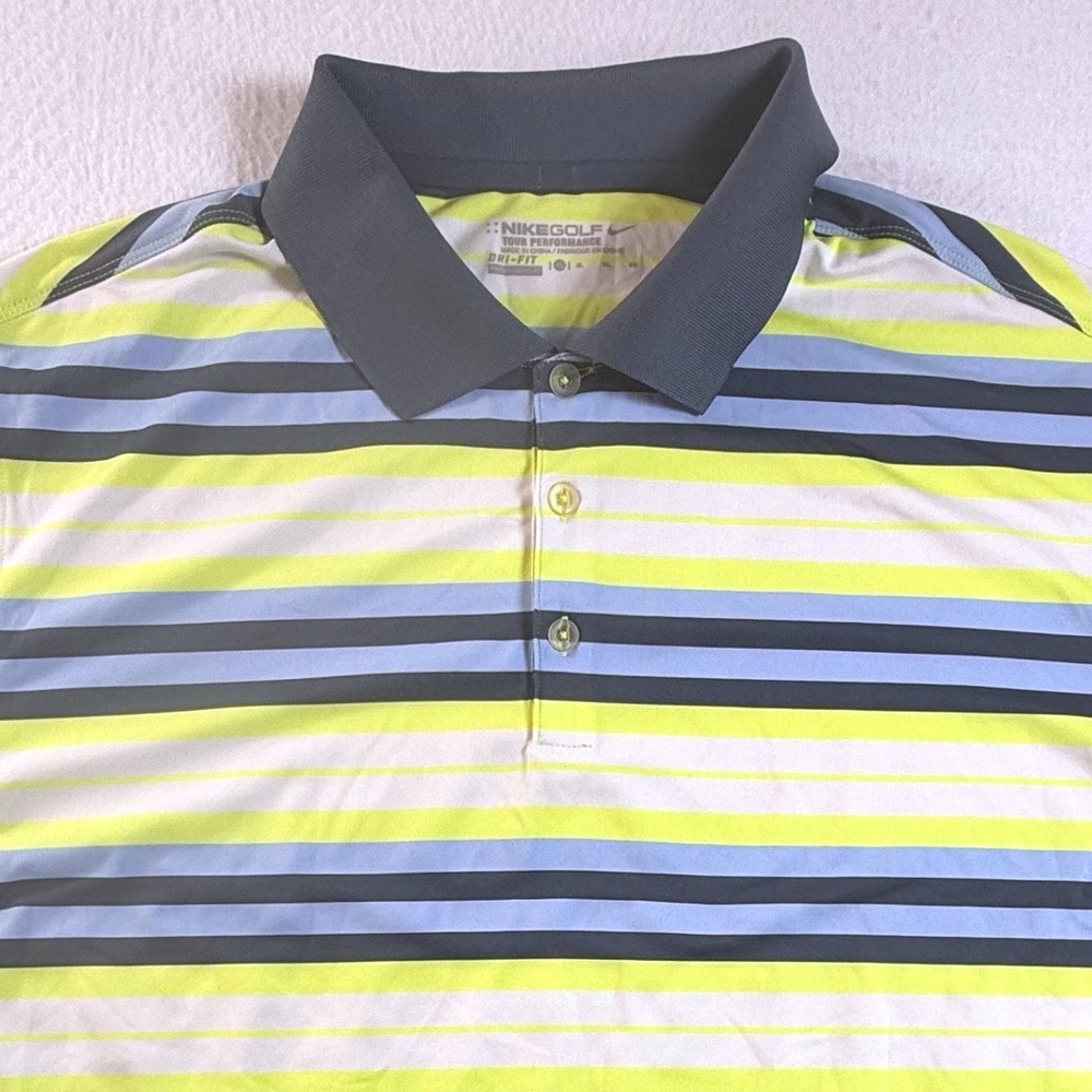 Nike Golf Polo Shirt Mens XL Dri-FIT Striped Tour Performance Volt Blue Navy